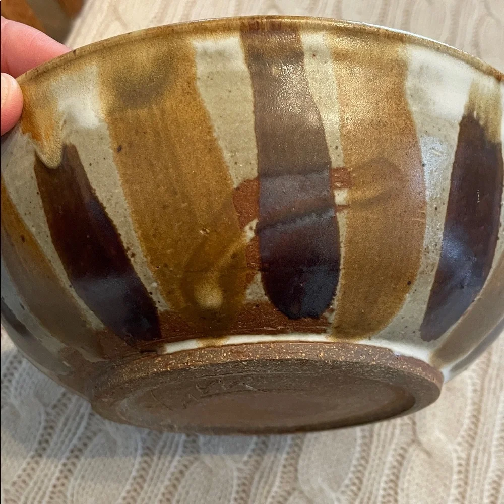 Glazed signed pottery bowl kiln fired beige/tans/browns